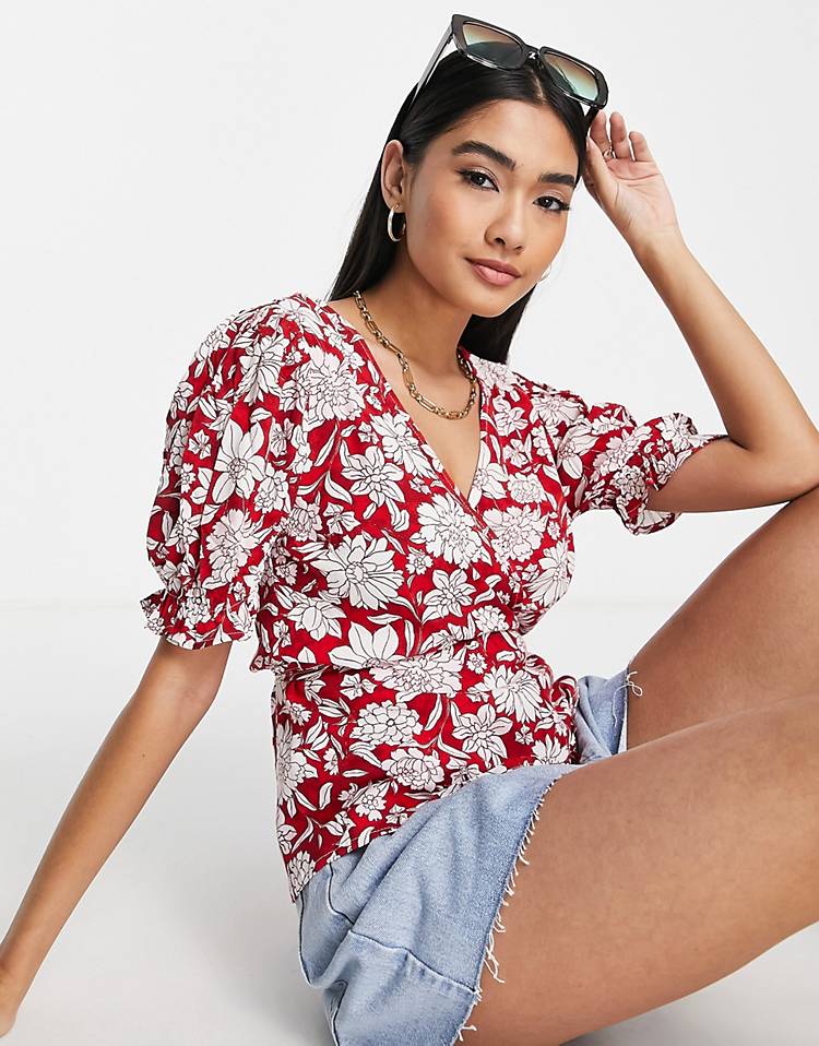 Mango frill detail tie blouse red floral print